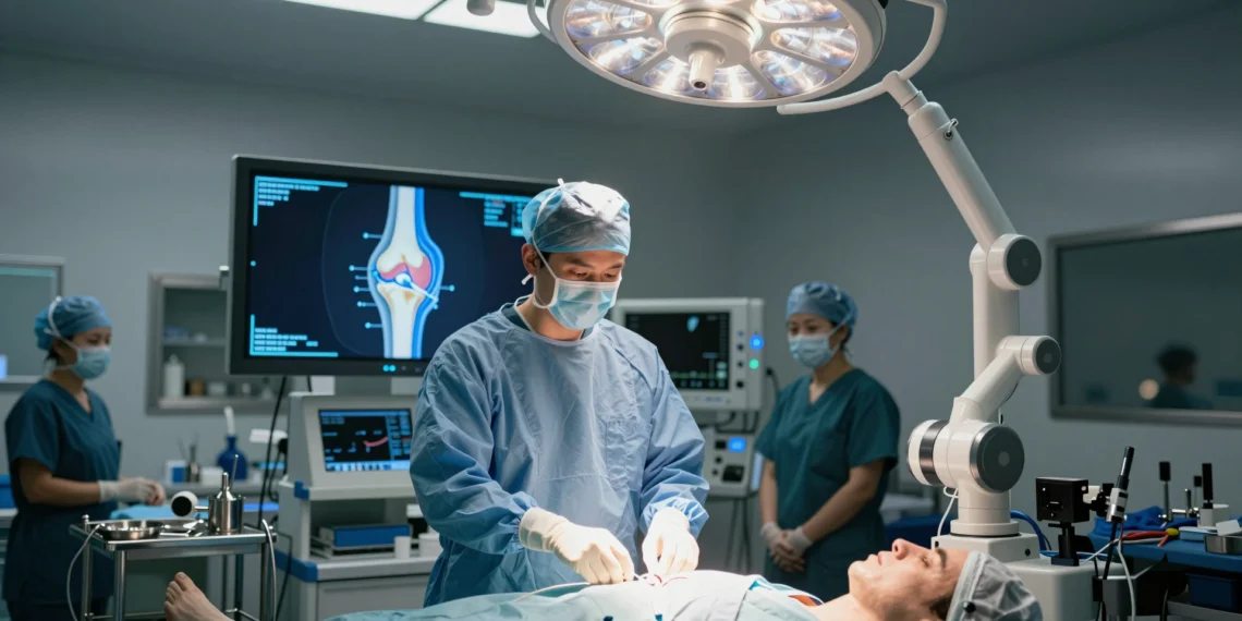 Cirujano ortopédico junto a un brazo robótico en quirófano, con modelo 3D de rodilla en pantalla