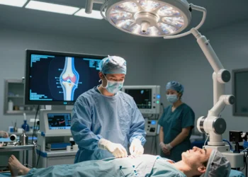 Cirujano ortopédico junto a un brazo robótico en quirófano, con modelo 3D de rodilla en pantalla