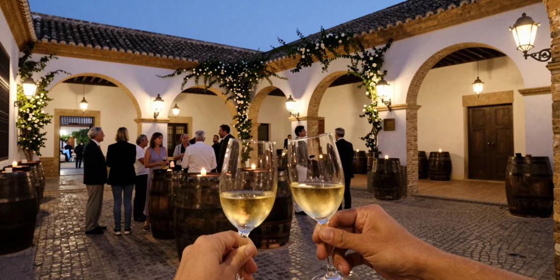 Copas de fino y oloroso en patio de bodega histórica de Jerez de noche, con barricas de roble y arcos encalados