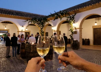Copas de fino y oloroso en patio de bodega histórica de Jerez de noche, con barricas de roble y arcos encalados
