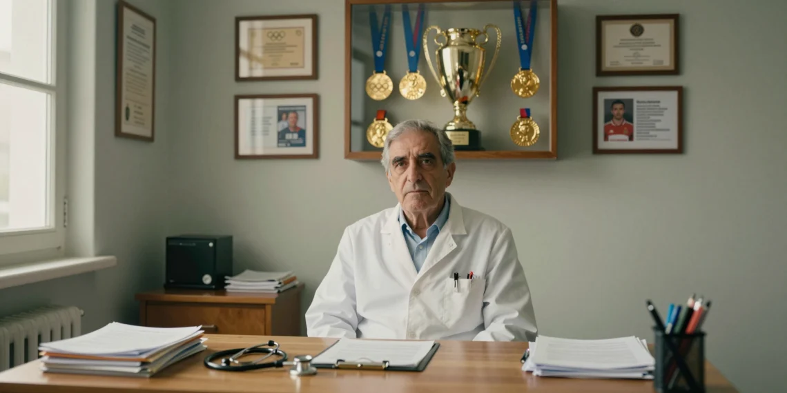 Médico asturiano en su consulta de Avilés con medallas olímpicas y trofeo de la Eurocopa sub-21 al fondo