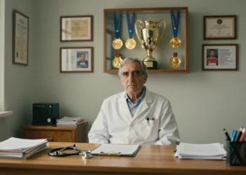 Médico asturiano en su consulta de Avilés con medallas olímpicas y trofeo de la Eurocopa sub-21 al fondo