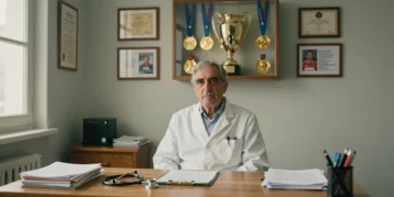Médico asturiano en su consulta de Avilés con medallas olímpicas y trofeo de la Eurocopa sub-21 al fondo