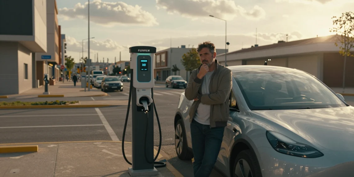 Hombre junto a un coche eléctrico cargando en una estación urbana en España al atardecer, con expresión de duda