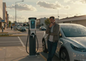 Hombre junto a un coche eléctrico cargando en una estación urbana en España al atardecer, con expresión de duda