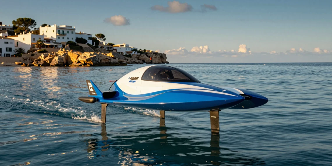 Hidroala eléctrico RaceBird sobrevolando las aguas turquesas del Mediterráneo cerca de Ibiza bajo el sol dorado