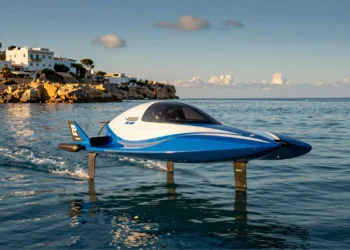 Hidroala eléctrico RaceBird sobrevolando las aguas turquesas del Mediterráneo cerca de Ibiza bajo el sol dorado