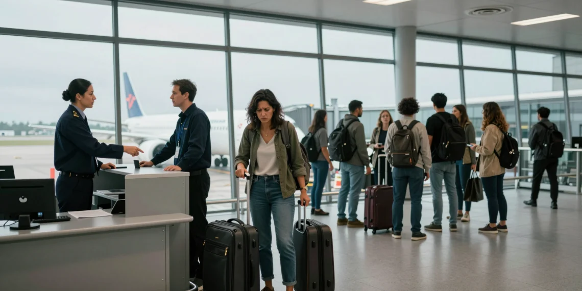 Viajera frustrada en puerta de embarque mientras agente de aerolínea señala su maleta de cabina reglamentaria.