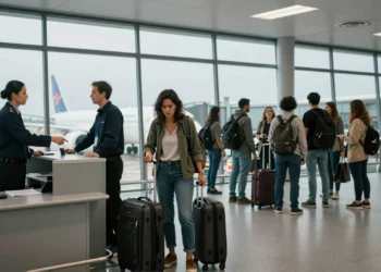 Viajera frustrada en puerta de embarque mientras agente de aerolínea señala su maleta de cabina reglamentaria.