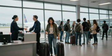 Viajera frustrada en puerta de embarque mientras agente de aerolínea señala su maleta de cabina reglamentaria.