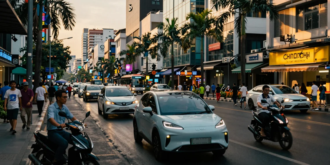 Calle urbana del sudeste asiático al atardecer con vehículos eléctricos y una moto tradicional en mercados emergentes