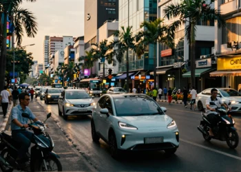 Calle urbana del sudeste asiático al atardecer con vehículos eléctricos y una moto tradicional en mercados emergentes