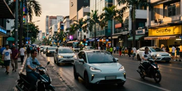 Calle urbana del sudeste asiático al atardecer con vehículos eléctricos y una moto tradicional en mercados emergentes