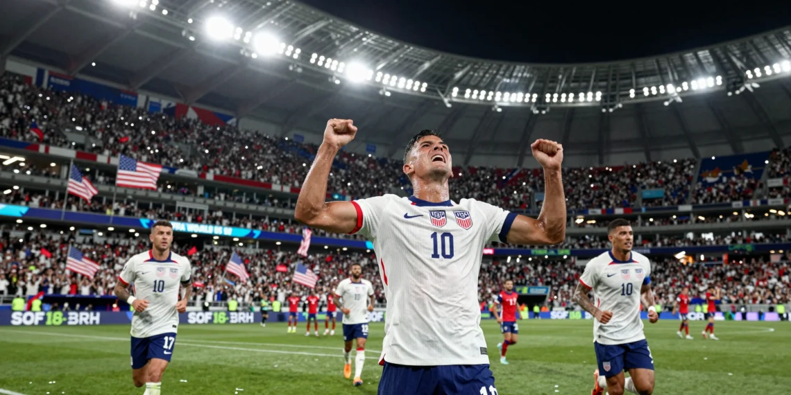 Jugador de USMNT celebra con los puños en alto en el SoFi Stadium ante una multitud eufórica durante el Mundial 2026