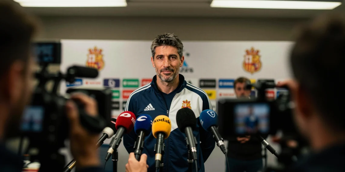 Entrenador del Málaga CF en rueda de prensa con expresión de convicción ante el partido decisivo por el ascenso