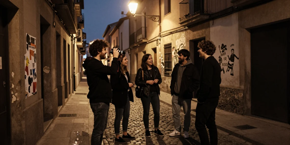 Jóvenes cineastas rodando de noche en una calle adoquinada del barrio de Lavapiés, Madrid, con una cámara de cine vintage