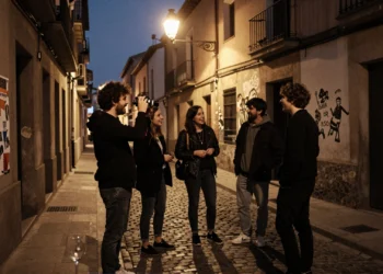 Jóvenes cineastas rodando de noche en una calle adoquinada del barrio de Lavapiés, Madrid, con una cámara de cine vintage