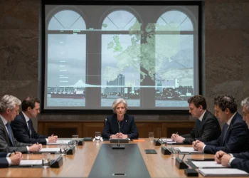 Presidenta del BCE preside reunión de política monetaria en Fráncfort ante mapas del Medio Oriente y gráficos de energía
