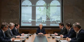 Presidenta del BCE preside reunión de política monetaria en Fráncfort ante mapas del Medio Oriente y gráficos de energía