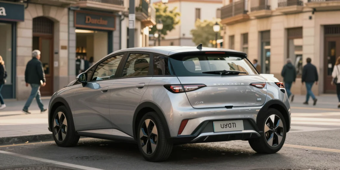 BYD Dolphin G DM-i aparcado en una calle urbana europea bajo la luz mediterránea del sol