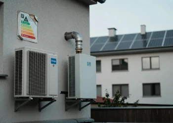 Bomba de calor moderna junto a caldera de gas en fachada de edificio europeo con etiqueta de eficiencia energética