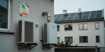 Bomba de calor moderna junto a caldera de gas en fachada de edificio europeo con etiqueta de eficiencia energética