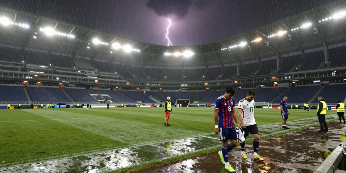 Jugadores de fútbol abandonan el campo bajo una tormenta eléctrica en el estadio del Mundial en Philadelphia