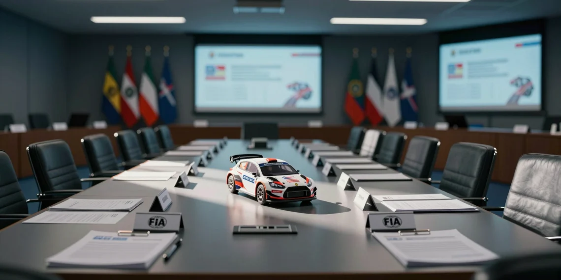 Sala de la FIA vacía con maqueta de coche Rally2 abandonada en mesa de conferencias, símbolo del rechazo de los fabricantes