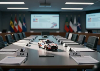 Sala de la FIA vacía con maqueta de coche Rally2 abandonada en mesa de conferencias, símbolo del rechazo de los fabricantes