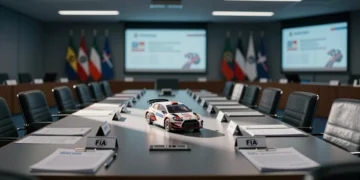 Sala de la FIA vacía con maqueta de coche Rally2 abandonada en mesa de conferencias, símbolo del rechazo de los fabricantes