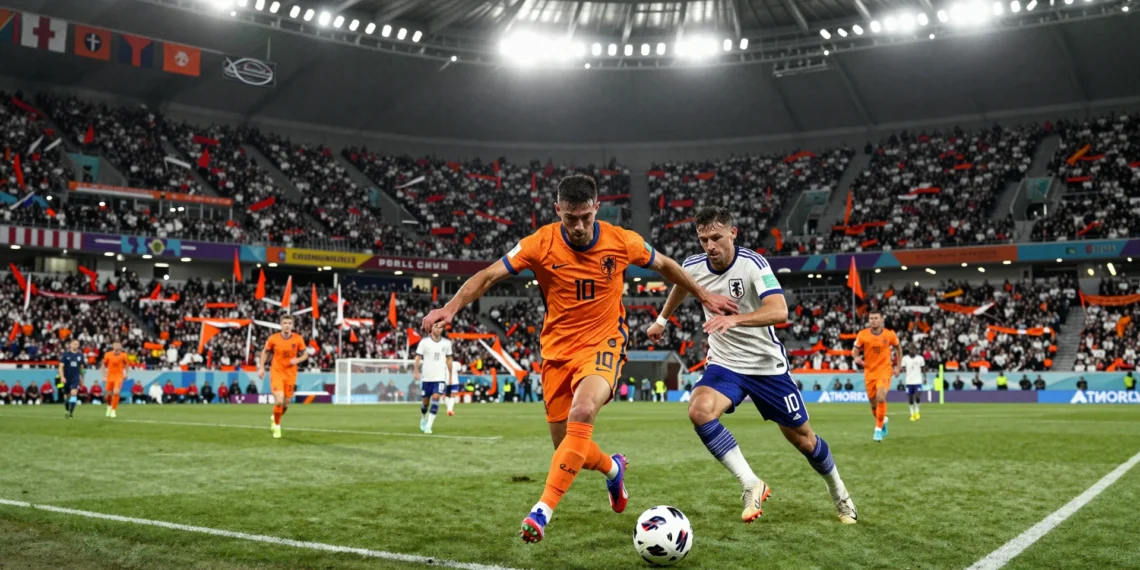Jugador de Países Bajos con camiseta naranja disputa el balón ante un defensa japonés en el Mundial