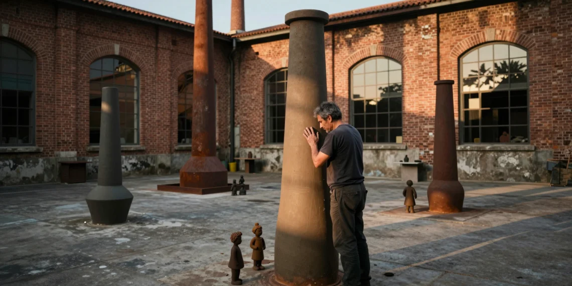 Escultor ante chimeneas de cerámica en patio industrial de Avilés al atardecer, con altos hornos de acero al fondo