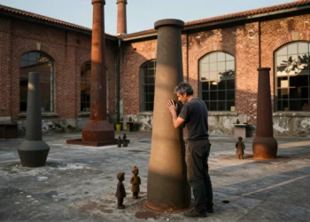 Escultor ante chimeneas de cerámica en patio industrial de Avilés al atardecer, con altos hornos de acero al fondo