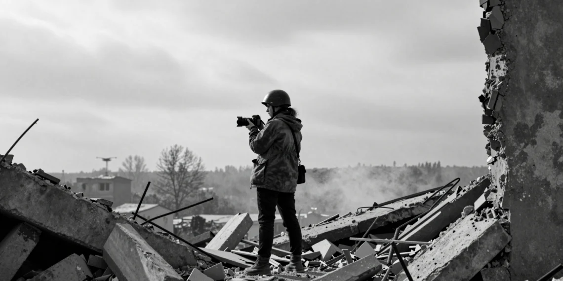 Fotoperiodista femenina entre escombros de edificio bombardeado en el Donbás, Ucrania, sosteniendo una cámara DSLR