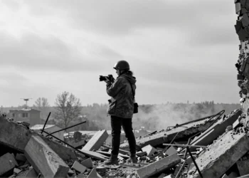 Fotoperiodista femenina entre escombros de edificio bombardeado en el Donbás, Ucrania, sosteniendo una cámara DSLR