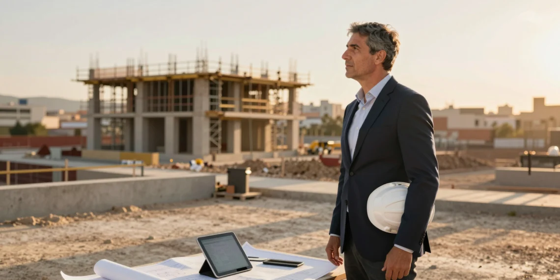 Juan Luis Porrúa ante una obra urbana en Murcia, con planos y tablet, simbolizando innovación en construcción