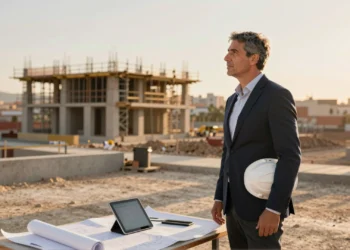 Juan Luis Porrúa ante una obra urbana en Murcia, con planos y tablet, simbolizando innovación en construcción