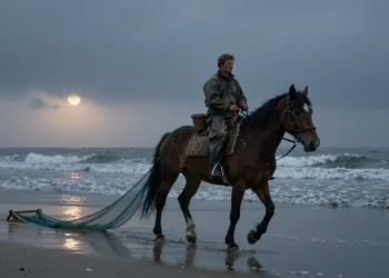Pescador a caballo en el Mar del Norte al amanecer en Oostduinkerke, Bélgica, arrastrando redes tradicionales