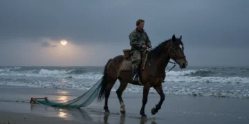 Pescador a caballo en el Mar del Norte al amanecer en Oostduinkerke, Bélgica, arrastrando redes tradicionales