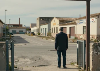 Empresario ante un polígono industrial semiabandonado en Silla, Valencia, reflejo del declive industrial