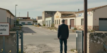 Empresario ante un polígono industrial semiabandonado en Silla, Valencia, reflejo del declive industrial