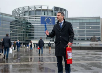 Empresario murciano frente al Parlamento Europeo en Bruselas sosteniendo un extintor rojo industrial