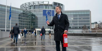 Empresario murciano frente al Parlamento Europeo en Bruselas sosteniendo un extintor rojo industrial