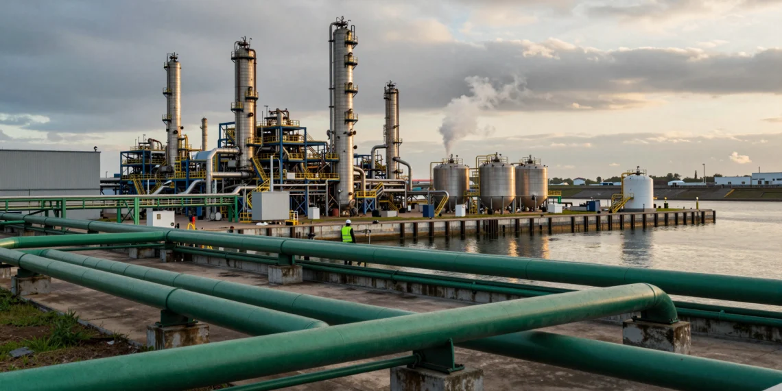 Biorrefinería industrial a orillas de un puerto europeo con tuberías verdes y un trabajador en pasarela