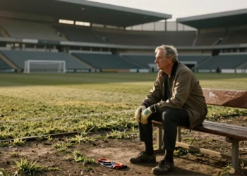 Exguardameta Juan Carlos Ablanedo sentado pensativo en el banquillo de un estadio vacío, evocando sus dos Mundiales