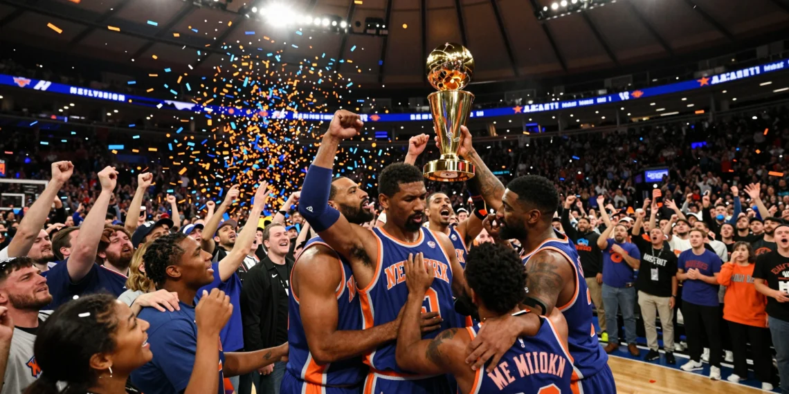 Jugadores de los New York Knicks celebran el campeonato en el Madison Square Garden con confeti naranja y azul