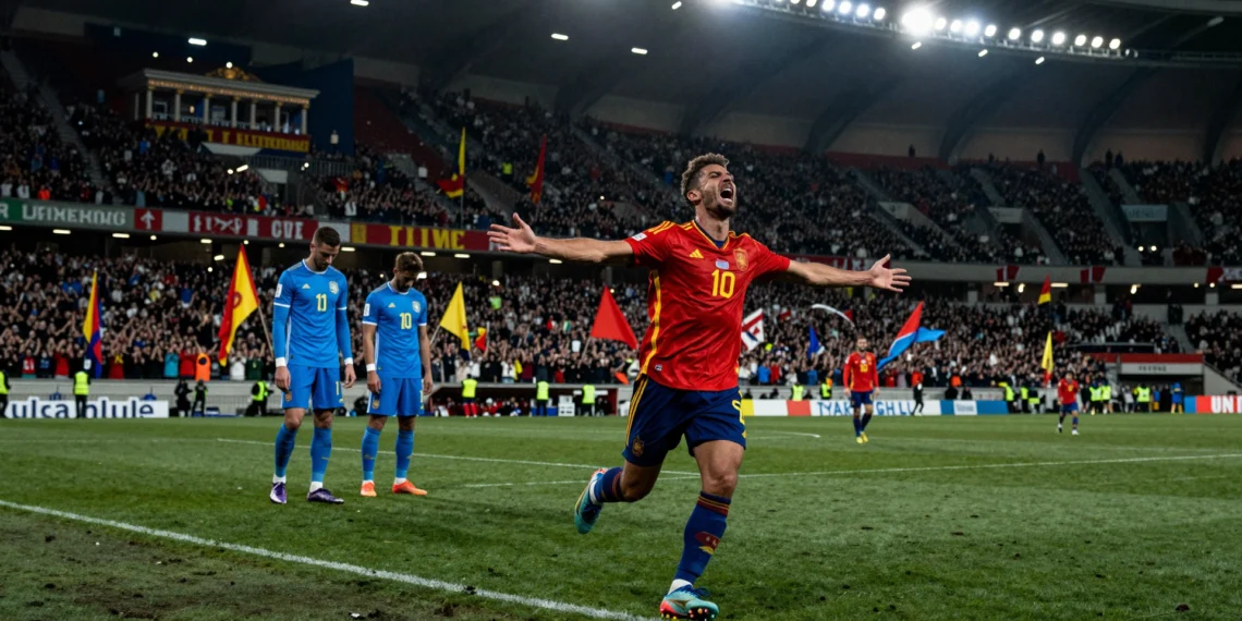 Futbolista español celebra con los brazos abiertos ante dos defensas uruguayos cabizbajo en un estadio mundialista nocturno