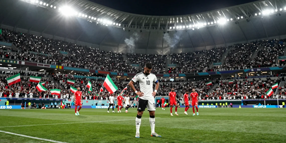 Jugador de Nueva Zelanda cabizbajo en el campo mientras jugadores de Irán celebran al fondo en el Mundial 2026