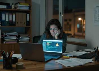 Empresaria española sola de noche ante un portátil con alertas de ciberseguridad en una oficina modesta
