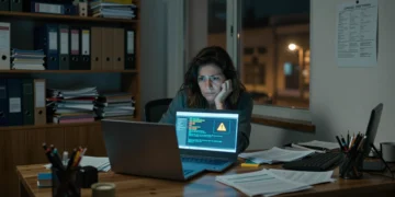 Empresaria española sola de noche ante un portátil con alertas de ciberseguridad en una oficina modesta